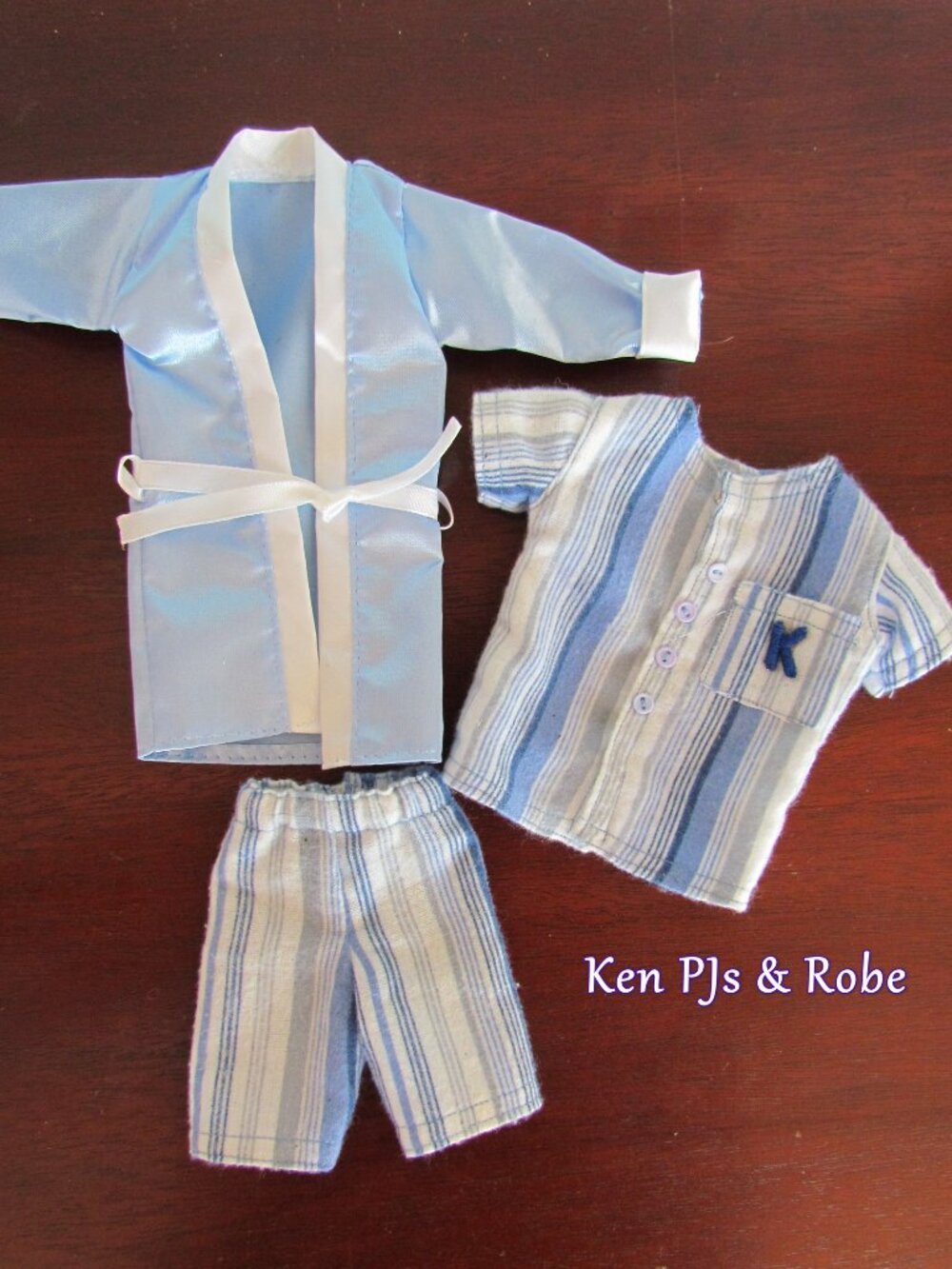 KEN PAJAMAS, FLANNEL + SILKY ROBE, MONOGRAMMED PJ TOP & SHORTS PJ BOTTOMS, NICE!